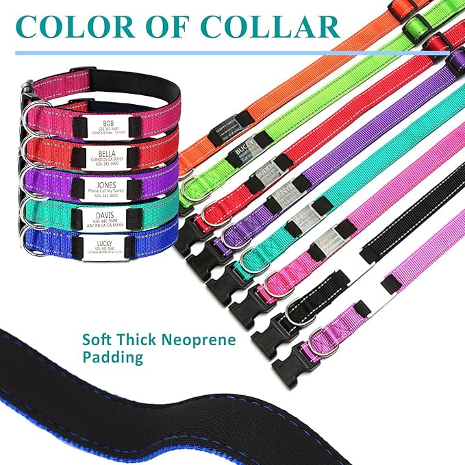 Custom Dog Collars with Name Plate, Engraved Name Plate ID Tags with Reflective Nylon Dog Collar,Soft Neoprene Padded Adjustable Pet Collar for Small Medium Large Dogs,L Green
