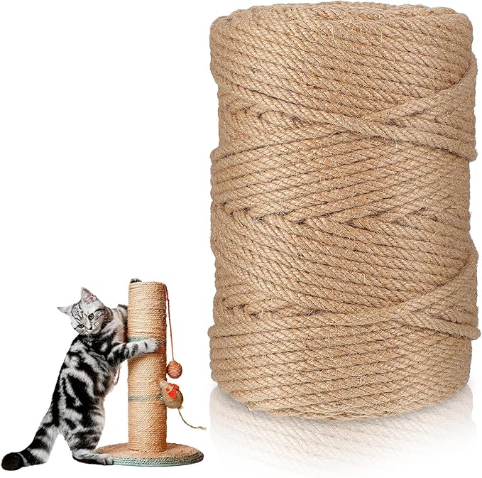 328FT/100M Sisal Rope for Cat Scratcher, 6mm Cat Scratching Sisal Rope Jute Ropes for Scratch Posts, Cat-Trees, DIY Projects, Twine Ropes for Cats Scratching Post