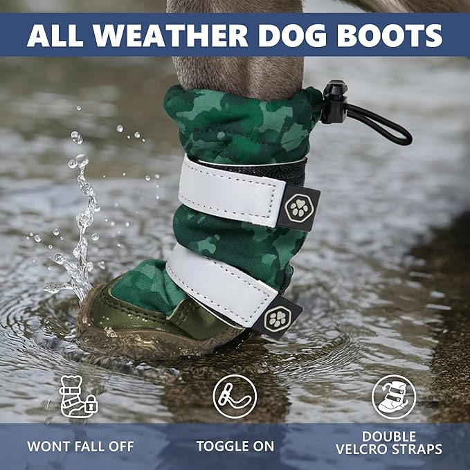 Spark Paws Dog Shoes, Waterproof Dog Boots for Medium to Large Dogs, Non Slip, Breathable Dog Booties and Paw Protectors - 4PCS Doggie Hiking Boots with Reflective Straps, Green Camo, Size 2