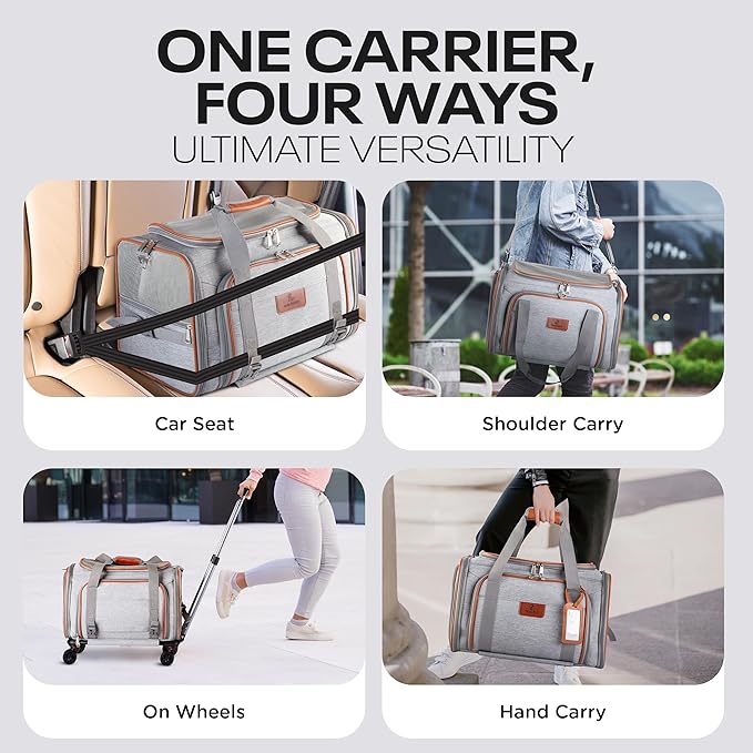 Premium Expandable Pet Carrier with Wheels - Airline Approved Rolling Travel Carrier for Small Dogs & Cats - Detachable Design with Name Tag, Seatbelt Buckles & Treat Pocket (18x11x11) - Ice Gray