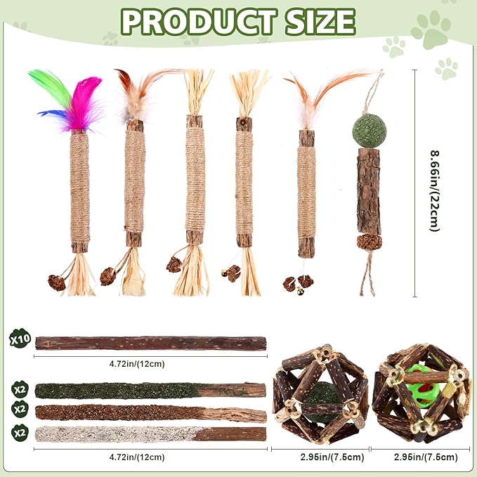Catnip Chew Toys for Cats, 24 Pack Cat Toys with Silvervine Sticks, Natural Silvervine Stick Cage Balls & Bell Balls for Indoor Cats