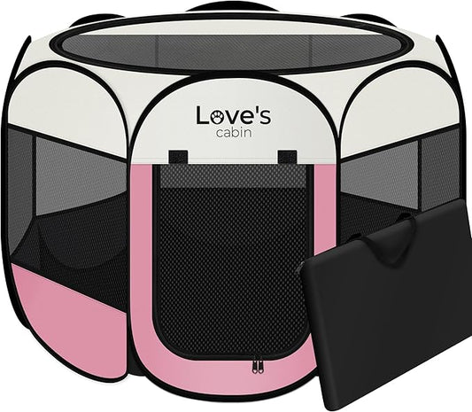 Love's cabin Pet Puppy Dog Playpen, Small Dog Tent Crates Cage Indoor/Outdoor, Portable Playpen for Cat, Foldable Pop Up Dog Kennel Playpen with Carring Case, Removable Zipper Top, Pink