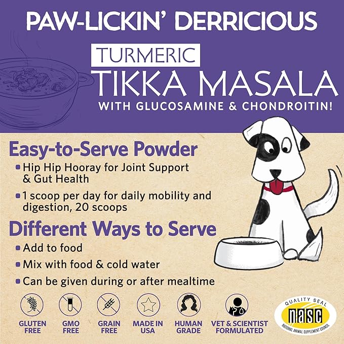 Fidobiotics Hip & Joint Support for Dogs, Daily Probiotics for Dogs with Glucosamine & Chondroitin for Gut Health and Mobility, Turmeric Tikka-Masala Flavor - 20 Servings