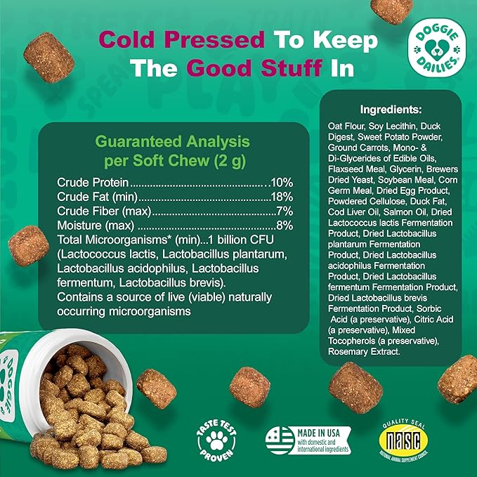 Doggie Dailies Probiotics for Dogs - Advanced Dog Probiotics with Prebiotics - Promotes Digestive Health - Supports Immune System and Overall Health (Duck) 225 Soft Chews