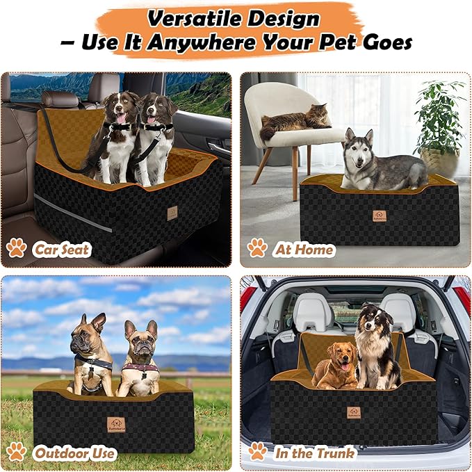 Large Dog Car Seat for Back Seat – Removable Dog Booster Seat & Washable Pet Car Seat for Medium & 2 Small Dogs up to 60lbs – Safety Straps & Storage Pocket – Travel & Home Use (Black/Brown)