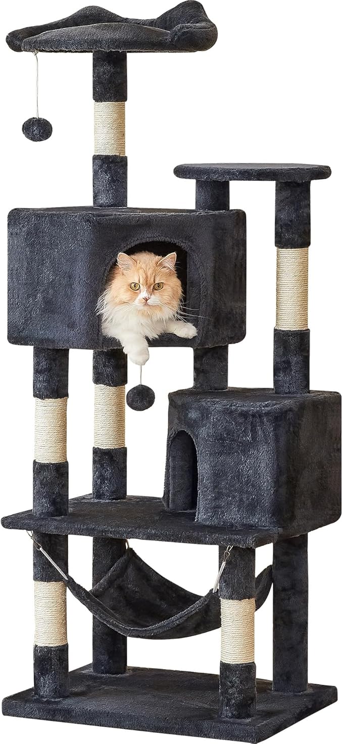 Cat Tree for Indoor Cats - Tall Multi-Level Cat Tower with Condos, Sisal Scratching Posts and Hammock, Top Perch with Dangling Toys for Large Cats and Kittens, Smoky Grey
