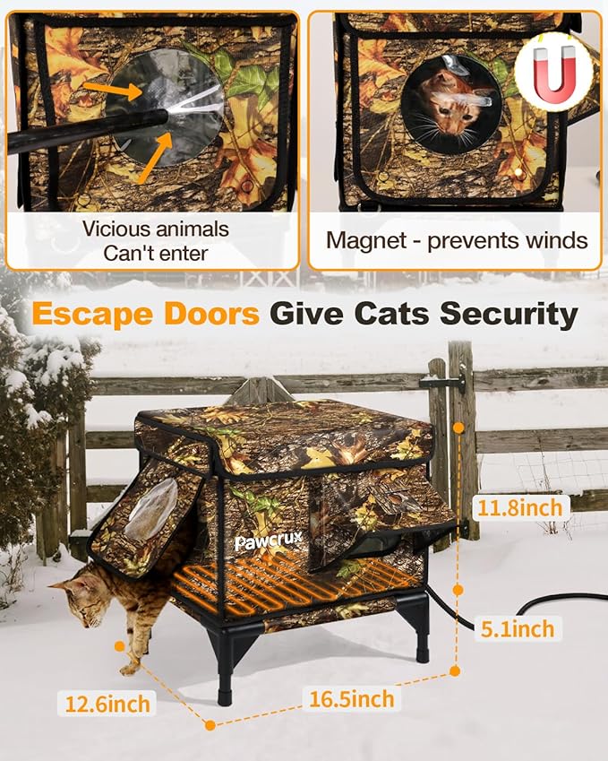 Weatherproof Heated Cat House for Outdoor in Winter, Heated Cat Bed Kitty Shelter with Cat Heating Pad, Insulated & Safe Escape Door, Warm House for Outside Stray Cat(Leaf Color, 12"x16"x16")