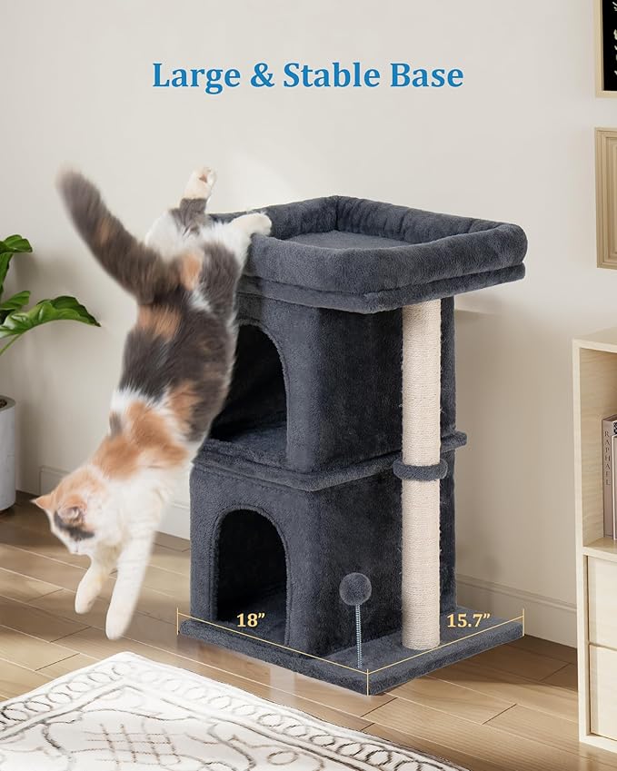 24in Cat Tree Tower with Scratching Post, 19 * 16.5in Window Perch Bed for Large Adult Cats, 2 Small Condo Cubbies for Indoor Kittens, Dark Gray