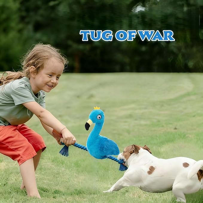 Plush Flamingo Dog Toy, Blue, Squeaky Stuffed Animal with Rope Legs, Interactive Chew Toy for Small, Medium Dogs