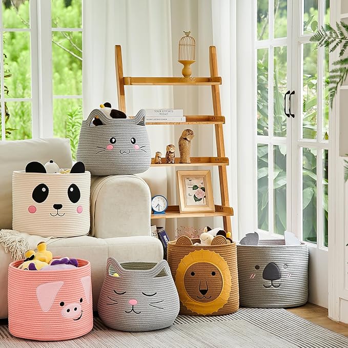 OMERAI Cotton Rope Storage Basket with Panda Design, 15"D x 12.6"H, Portable, Foldable, Multifunctional Laundry Basket