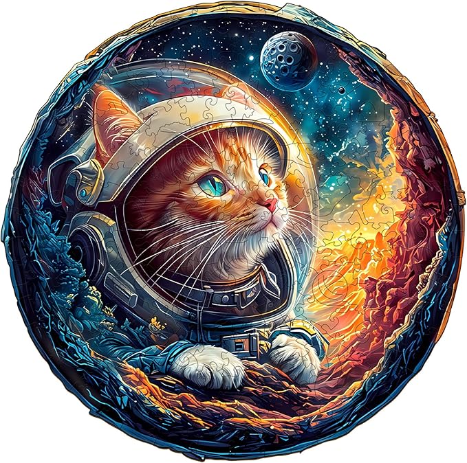 KAAYEE Wooden Puzzles for Adults, 3D Space Cat 200 Piece Unique Animal Shape Puzzle, Cat Wood Puzzle for Adults, Creative Gifts for Friends/Family, Home Decor(11.4 * 11.3in)