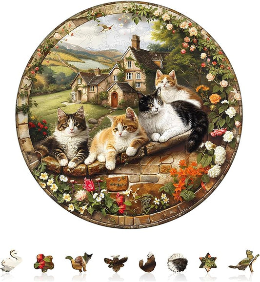 KAAYEE Wooden Puzzles for Adults, Kitten Manor Puzzles, 100 Piece Unique Animal Shape Puzzle, Cat Wood Puzzle for Adults, Creative Gifts for Cat Lover/Friends/Family, Home Decor(8.5 * 8.5in)