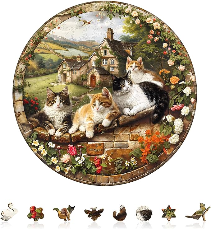 KAAYEE Wooden Puzzles for Adults, Kitten Manor Puzzles, 200 Piece Unique Animal Shape Puzzle, Cat Wood Puzzle for Adults, Creative Gifts for Cat Lover/Friends/Family, Home Decor(11.4 * 11.4in)