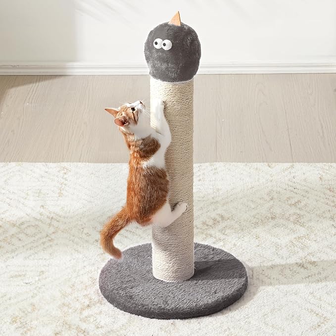 22" Cat Scratching Post, Sisal Cat Scratcher with Interactive Hanging Toy, Monster Scratch Pole for Indoor Cats, Cute Cat Scratch Post for Kittens & Large Cats, Grey