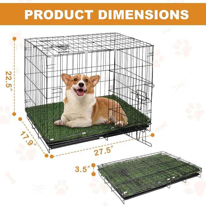 Dog Crates Kit with Artificial Grass and Dog Crates Cover, 27 Inch Double Door Collapsible Metal House for Dogs and Cats, Dog Cage with Leak-Proof Pan Tray, Travel, Indoor and Outdoor Dog Kennel