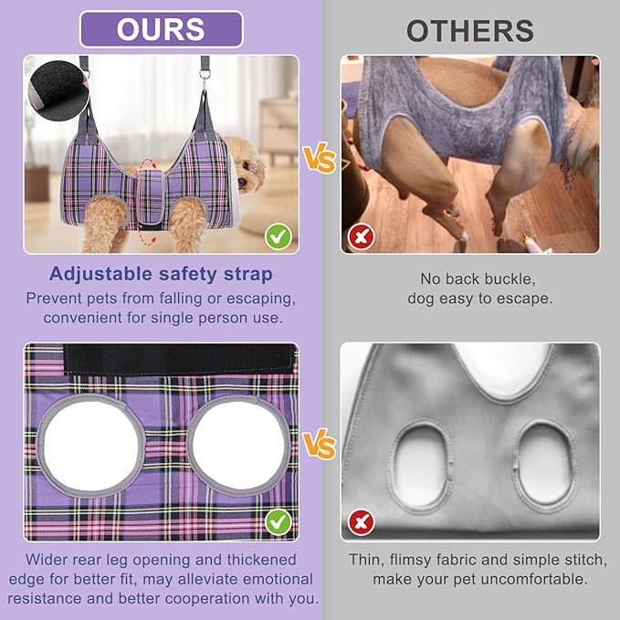 BEAUTYZOO Dog Grooming Hammock for Small Dogs Cat- Dog Sling for Nail Trimming/Clipping- Dogs Hanging Harness Holder with Thick Fabric Neck Support & Strap Restraint Claw Care, Purple XS