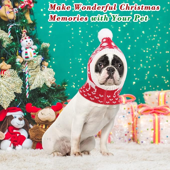 Pawaboo Christmas Pet Hat for Dogs, Funny Knitted Xmas Cap with Pom-Pom, Crocheted Snood Winter Warm Ear Flap Hat, Neck Warmer Hood Scarf for Medium Dogs, Party Decoration Gift, M, Xmas Elk Red