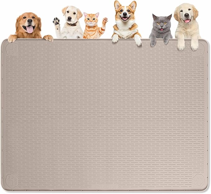 Dog Food Mat, Extra Large 50" x 35" Silicone Pet Feeding Mat with Raised Edge Pet Placemat for Small, Medium, and Large Pets Non-Slip, Easy to Clean (Khaki)