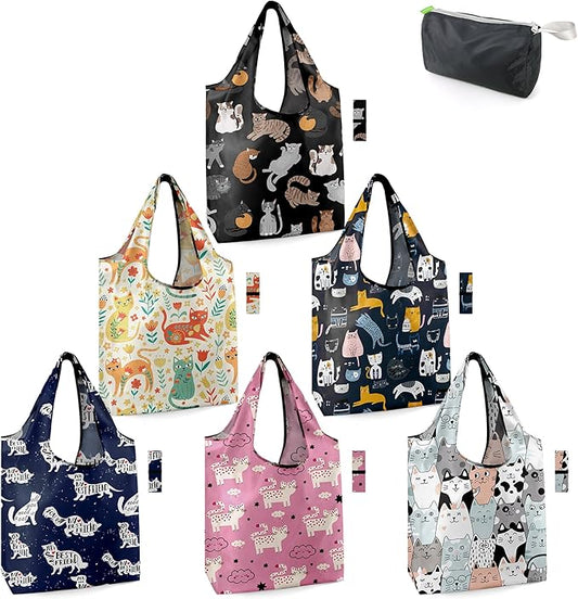 BeeGreen 6 Pack Cats Reusable Grocery Bags Gifts for Cat Lovers with Elastic Band Reusable Shopping Bags Bulk 50LBS X-Large Foldable-Machine Washable-Heavy Duty