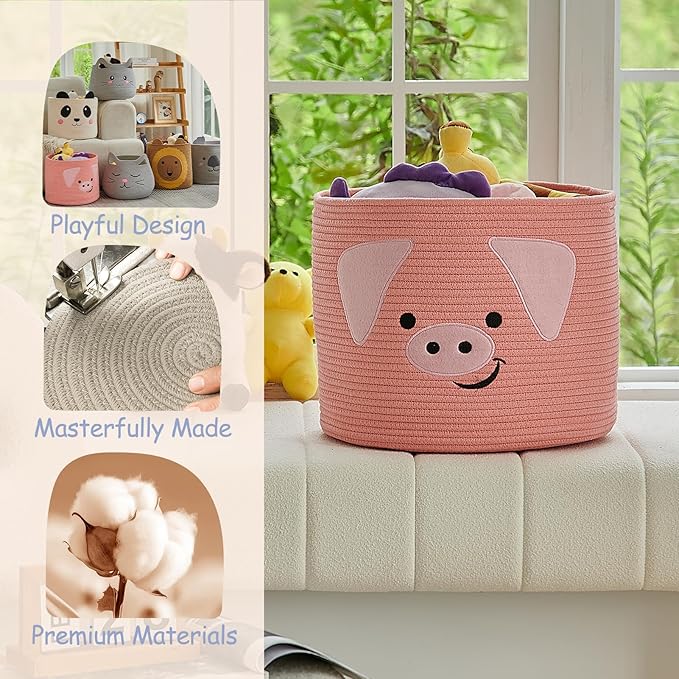 OMERAI Animal Baskets Cotton Rope Woven Storage Basket for Toys Blankets Laundry Nursery, Large Foldable Organizer with Cute Pig Design and Handles, 15"D x 12.6"H (Pink)