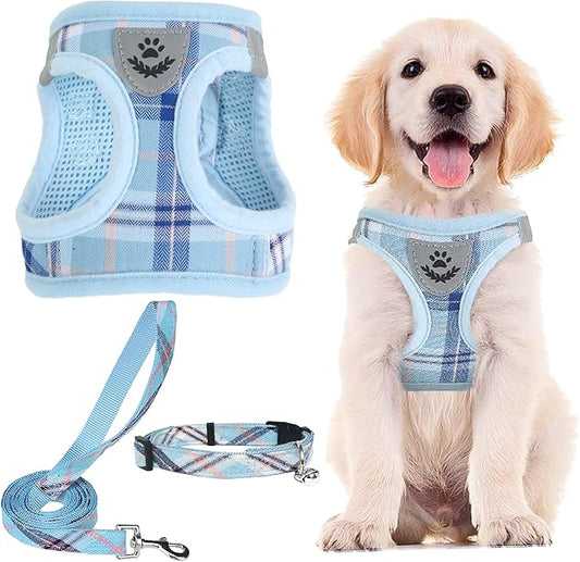 PUPTECK Adjustable Dog Harness Collar and Leash Set Step in No Pull Pet Harness for Small Medium Dogs Puppy and Cats Outdoor Walking Running, Soft Mesh Padded Reflective Vest Harnesses, Blue M