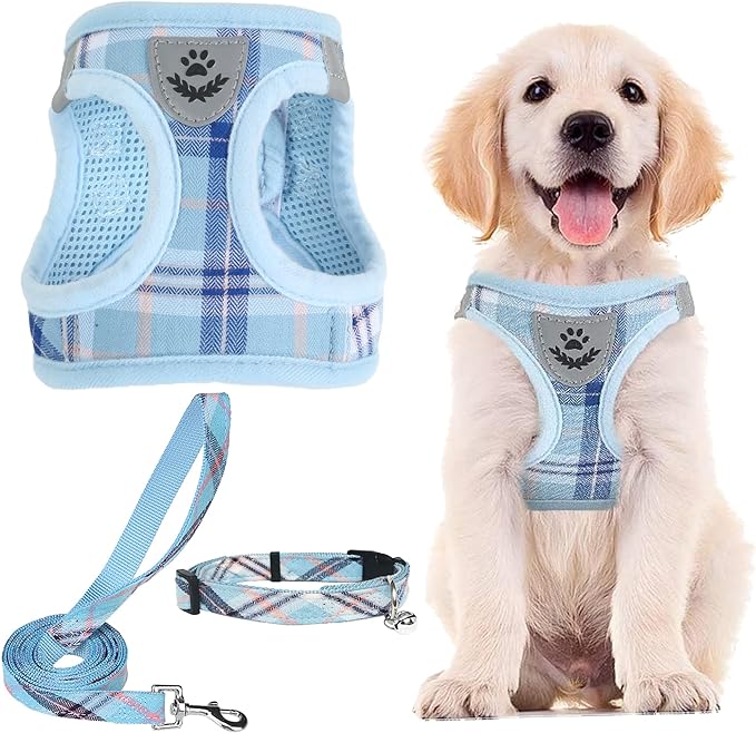 PUPTECK Adjustable Dog Harness Collar and Leash Set Step in No Pull Pet Harness for Small Medium Dogs Puppy and Cats Outdoor Walking Running, Soft Mesh Padded Reflective Vest Harnesses, Blue L