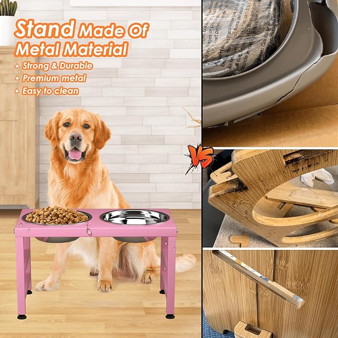 Pink Metal Raised Dog Bowl Stand for Large Dogs, Stronger Elevated Dogs Bowls with Sprill Proof Mat, Food & Water Bowl 10in Tall Feeder (42OZ-Stainless Steel Dog Bowls, Mat-12x19 in)