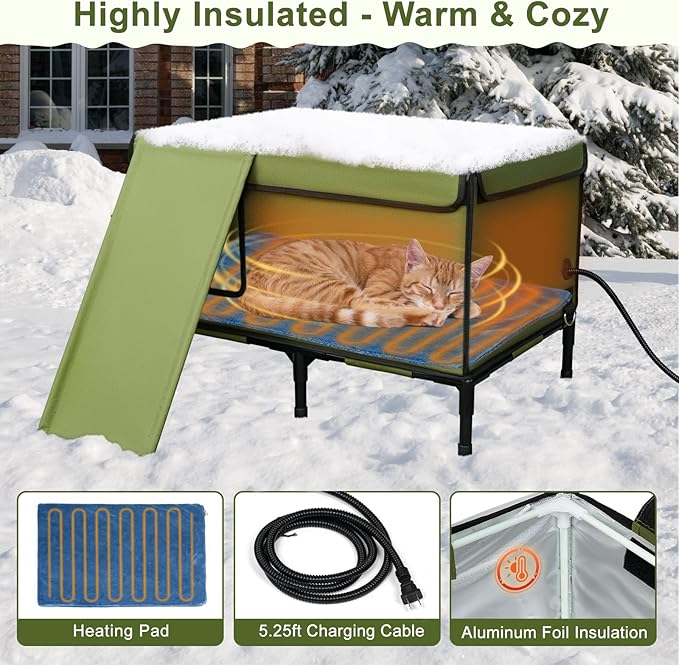 Palopalo Dewproof Heated Cat House for Outdoor Winter, Insulated Discreet Pet Shelter with Waterproof Heating Pad & Escape Door for Feral, Stray, Barn Kitty Cats (Army Green, 24.8" x 16.5" x 18.1")