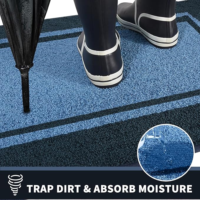 PURRUGS Dirt Trapping Door Mat 32" x 48", Non-Slip/Skid Machine Washable Entryway Rug, Shoes Scraper, Area Rug, Super Absorbent Welcome Mat for Muddy Wet Shoes and Paws, Light Blue & Navy
