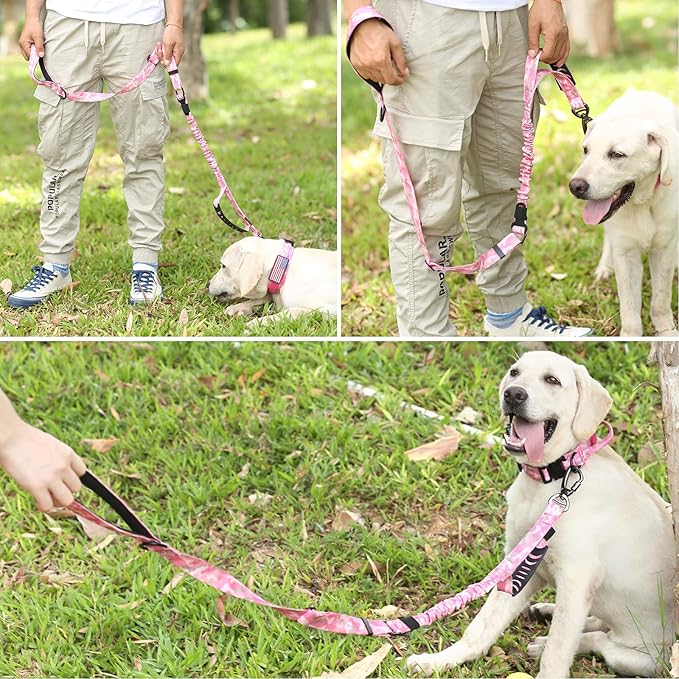 Hotsky Tactical Dog Leash Heavy Duty for Medium Large Dogs That Pull,4-6Ft Strong Bungee Shock Absorbing No Pull Dog Leash with Padded Double Handle and Car Seatbelt,Pink Camo