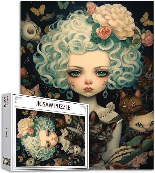 Curly-haired Doll and Cat Jigsaw Puzzle Cool Dolls Girl 1000 Piece Jigsaw Puzzles for Adults Challenging Family Activity Games Colorful DIY for Home Decor 20 x 27 Inch