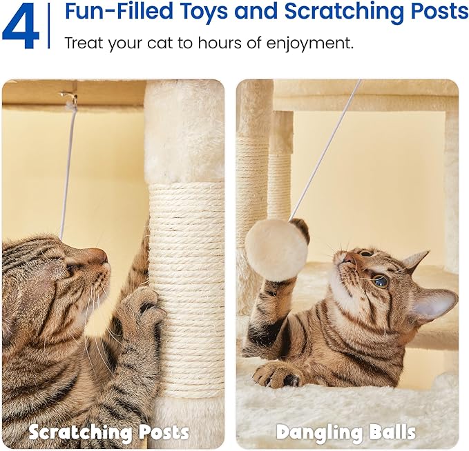 MWPO Large Cat Tree for Indoor Cats, 63-inch Cat Tower with 3 Cat Condos, Scratching Posts, Padded Perches, Hammock, Dangling Toys, Beige