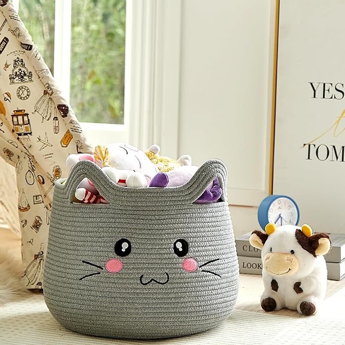OMERAI Animal Cat Basket, Cute Cotton Rope Woven Large Blanket Basket, Toy Storage for Nursery decor and Laundry Organizer with Handles, baby hamper shower gift, 15"D x 12.6"H, Grey Open Eyes