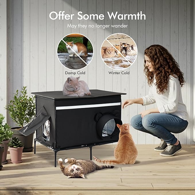 Heated Outdoor cat House for Outside, Weatherproof Insulated Feral Cat Shelter with Timer-Temp Control Heating Pad in Winter, Large Elevated Outdoor Cat House with Zipper, 2 Doors, Safety- Black