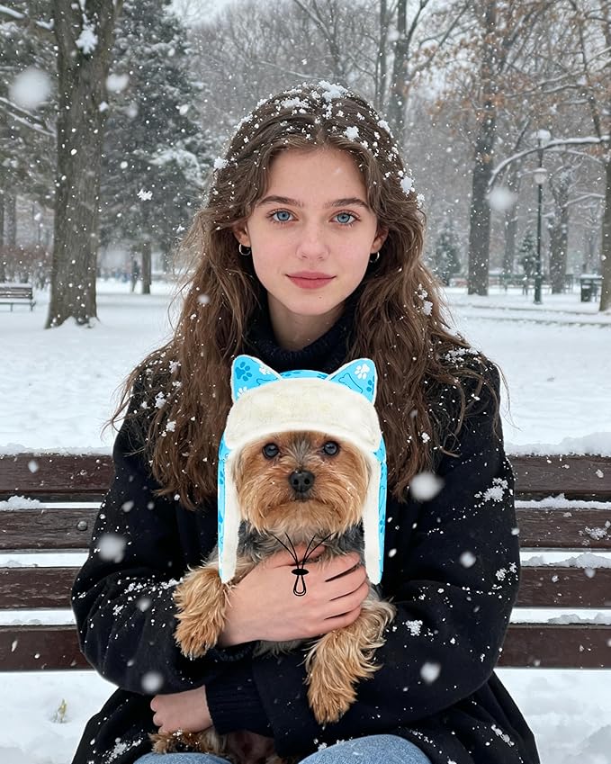 PET SHOW Dog Trapper Hat Winter Hat for Small Dogs Warm Fleece Aviator Hats with Ear Flaps Adjustable Outdoor Boy Puppy Pet Pilot Costume Cap S-Blue Paw/Without Ear Holes