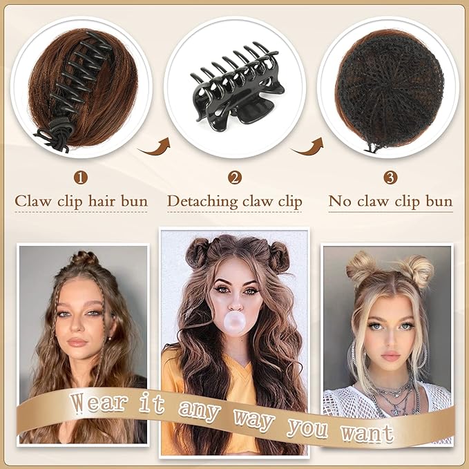 SOFEIYAN 2PCS Mini Claw Clip in Hair Bun Messy Cat Ears Hair Bun Extension Synthetic Donut Wig Accessory Updo Space Bun Hair Pieces for Women Girls, Strawberry Blonde & Bleach Blonde