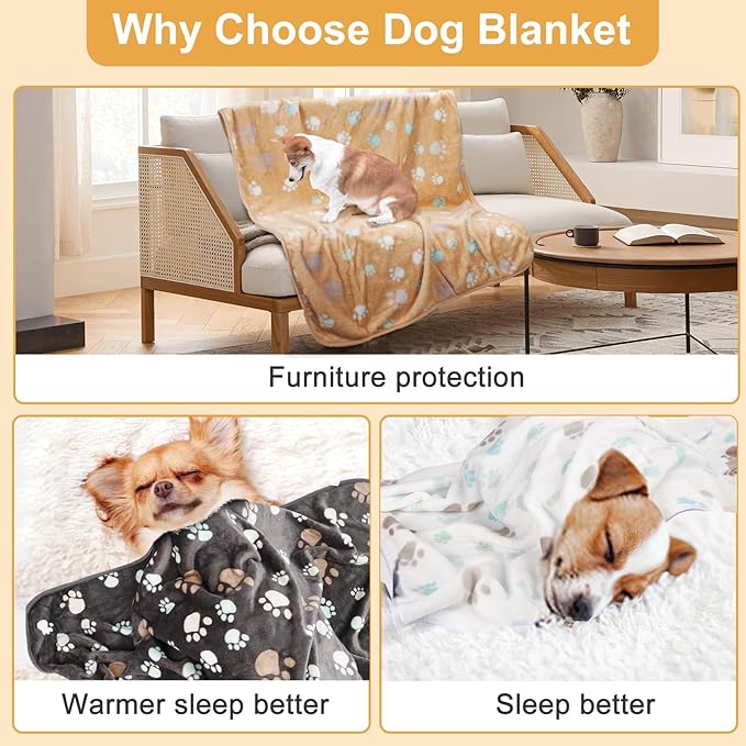 Dog Blanket for Large Dogs 3 Pack Dog Cat Flannel Blankets Washable Soft Pet Throw Cover for Kennel Crate Bed Cute Paw Pattern Pet Blanket Grey/White/Brown 41" x 31"