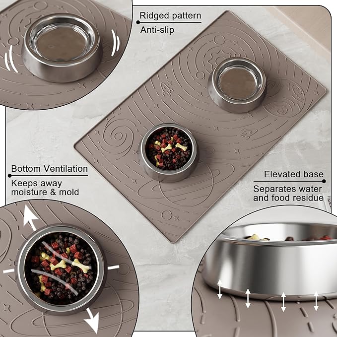 OHMO Dog Food Mat, Silicone Waterproof Cat Food Mat, Non-Skid Spill Proof Pet Feeding Mat for Food and Water, Easy to Clean Dog Placemat(Beige, 23.6" x 15.8")