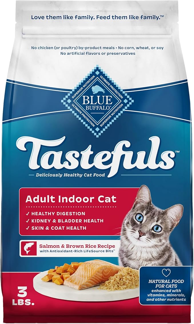 Blue Buffalo Tastefuls Natural Dry Food for Adult Indoor Cats, Salmon & Brown Rice Recipe, 3-lb. Resealable Bag