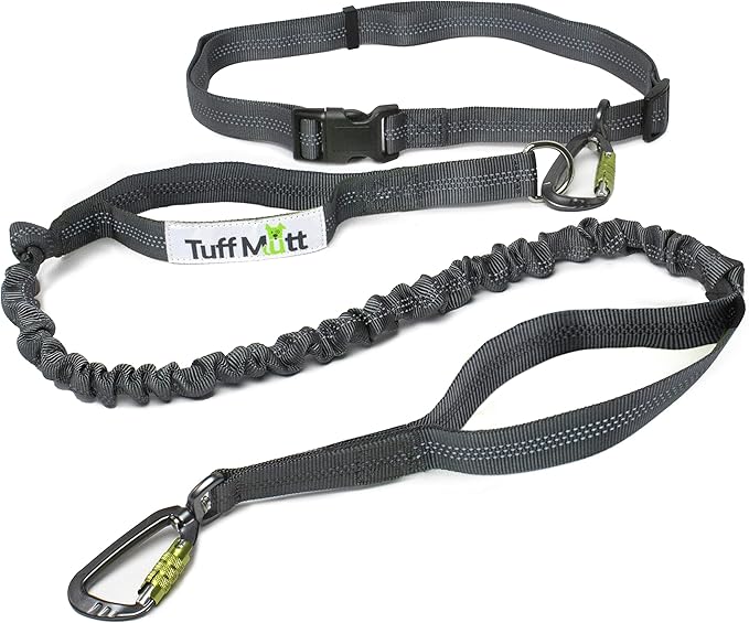 Tuff Mutt Hands-Free Waist Leash for Dog Walking, Running and Hiking, Carabiner Clip, Adjustable Belt with Double Handle, Reflective Bungee Design for Large & Medium Dogs