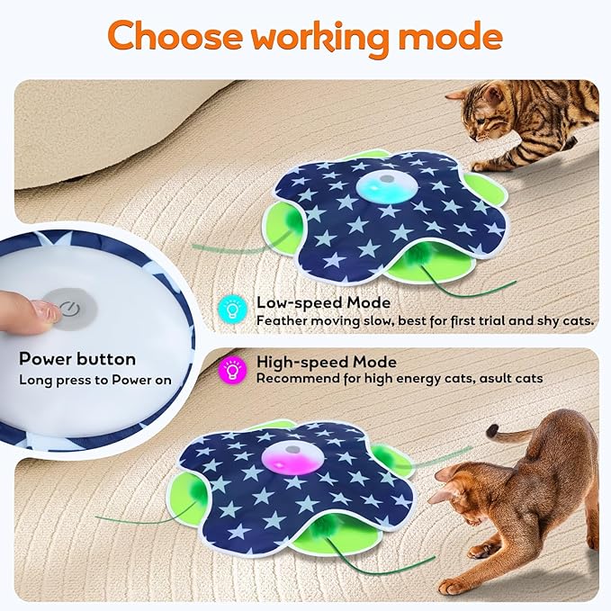 Interactive Cat Toys with Moving Feather Concealed in Mat, Rechargeable Cat Exercise Toys for Bored Cats with Motion Activated, Mouse Squeaky