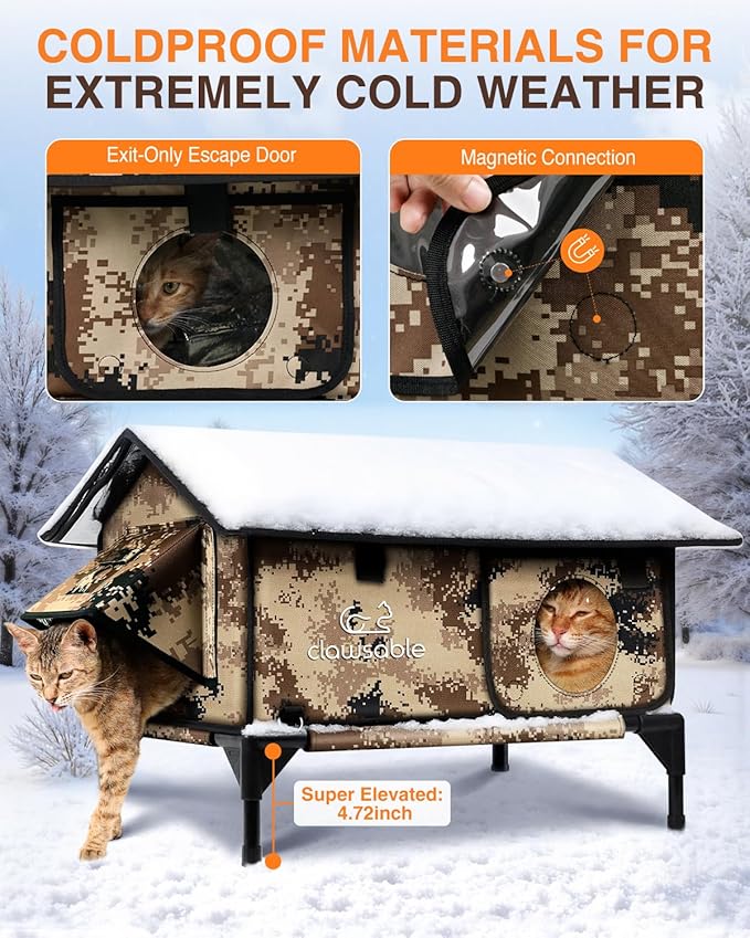 Indestructible Gable Roof Heated Cat House for Outside Winter, 100% Waterproof, Safe Escape Door, Insulated Outdoor Cat Shelter with Heater for Feral Barn Cat Kitty (Desert Camouflage, 15.5"x15"x19")