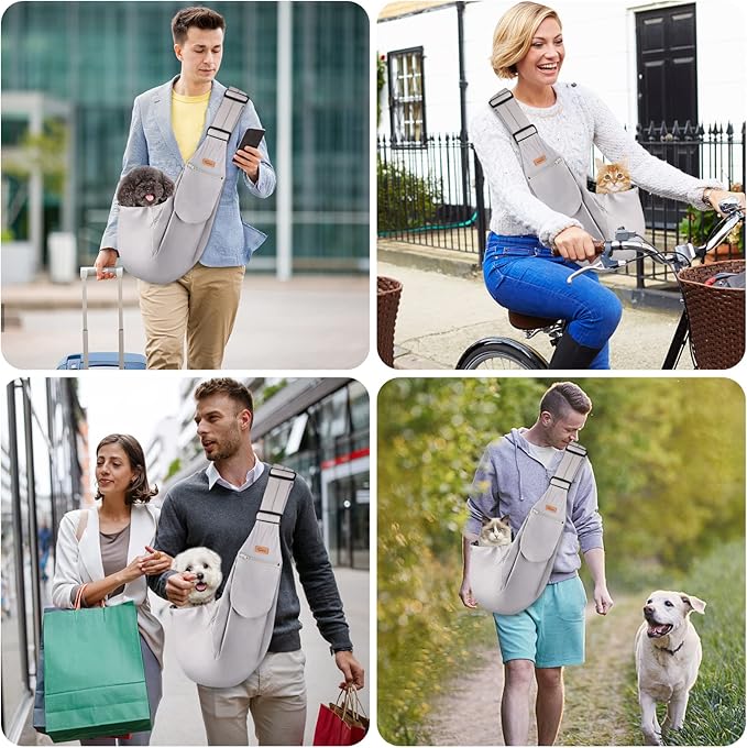 CUBY Dog and Cat Sling Carrier, Hands Free Reversible Pet Papoose Bag, Soft Pouch Adjustable, Suitable for Puppy Cats for Outdoor Travel (Grey Classic, S-Adjustable Strap)