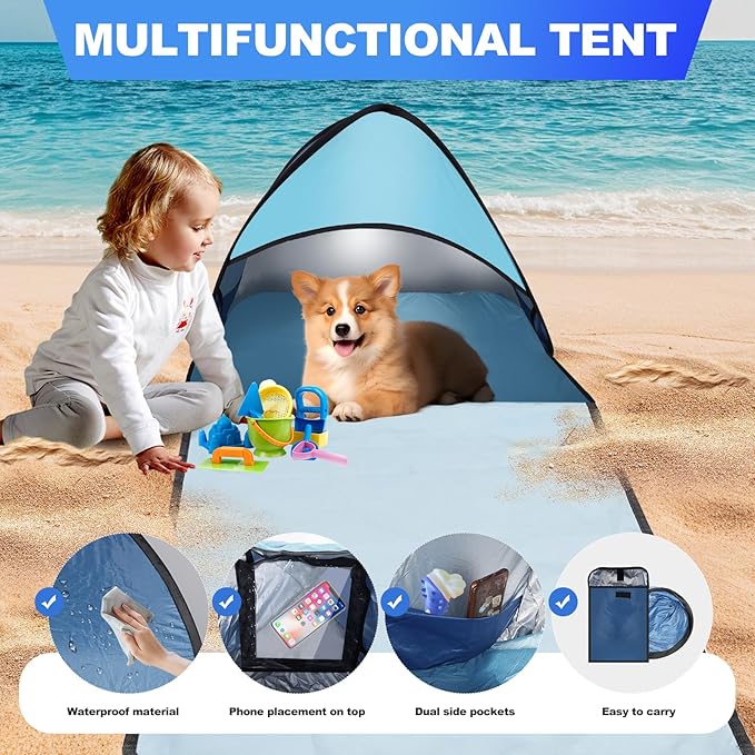 Dog Beach Tent for Pet Shade Pop Up Portable Mini Head Sun Shelters Canopy for Camping Outdoor Hiking Picnic Windproof Waterproof with Tent Nails Phone Stand for Puppy Cat Small Animals(Blue)