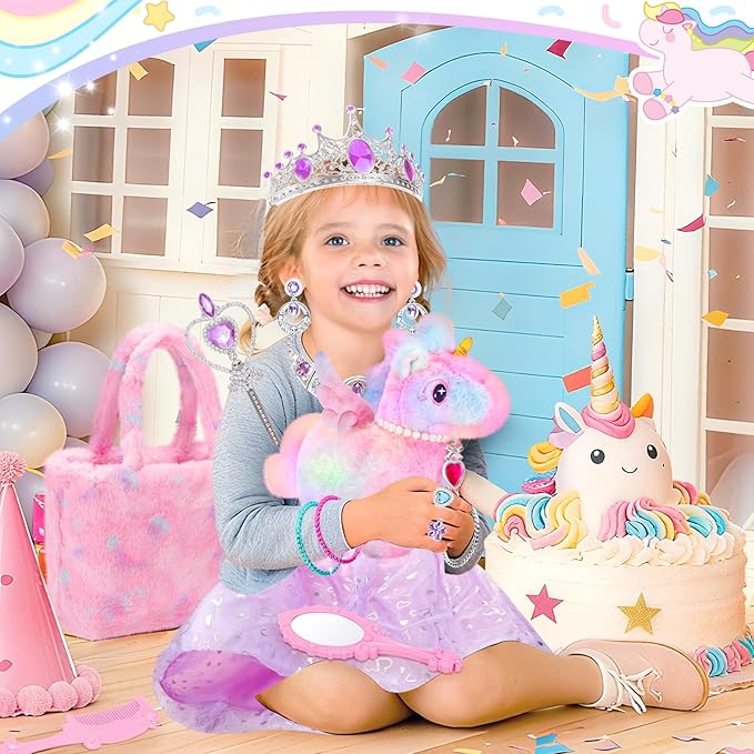 Tagitary Plush Unicorn Toys with Glowing Horns, Walking Pony Realistic Interactive Stuffed Unicorn with Kids Dress Up & Pretend Jewelry Toys,Christmas Birthday Gift Party Favors for Kids Toddlers