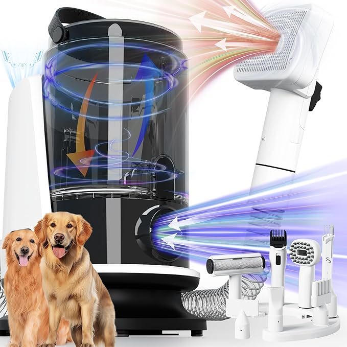 FOTING 8 in 1 Dog Grooming Vacuum & Dryer Kit, Dog Vacuum for Shedding Grooming with 3L Dust Cup, Touchscreen Adjustable Speed Temperature Control Clippers Brush, Pet Grooming Vacuum for Dogs at Home