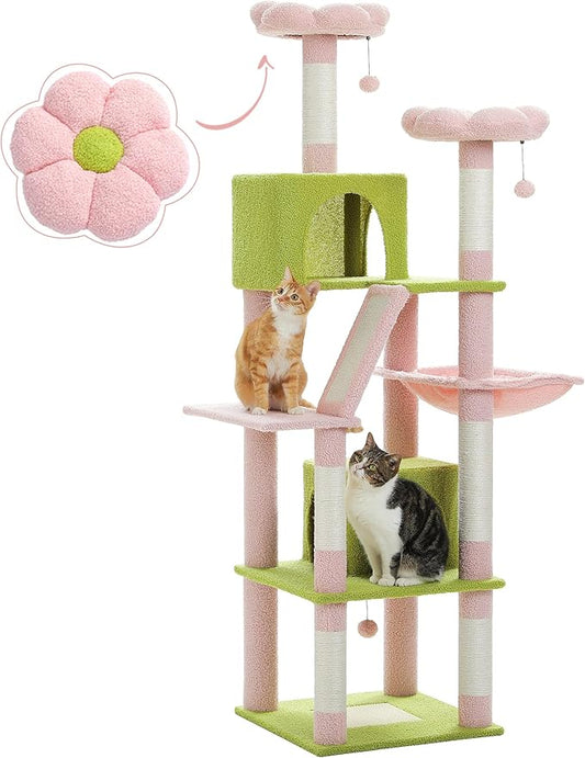 PAWZ Road 70 Inch Cat Tower, Pink Cat Tree with 2 Cozy Condos, 2 Plush Perch, Large Basket, 2 Scraching Pad & 6 Scraching Posts for Indoor Cats Large Adult