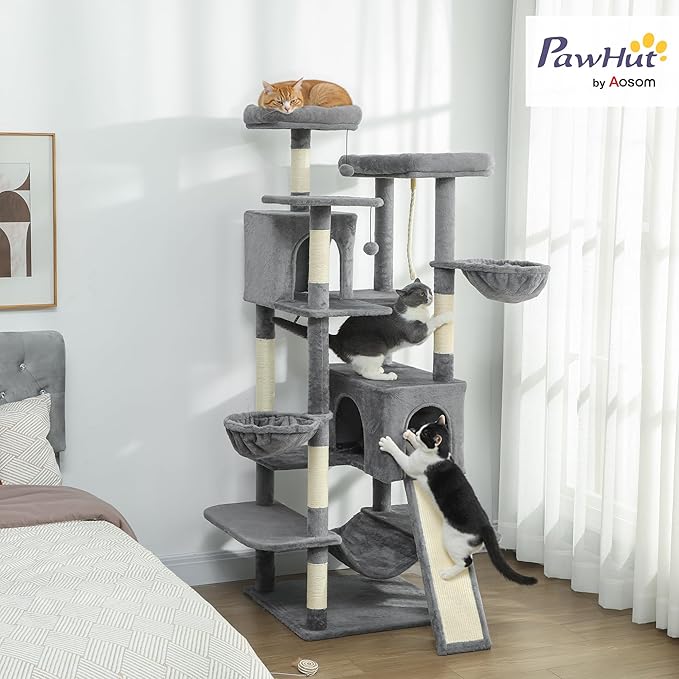 PawHut Cat Tree, 69" Multi-Level Large Cat Tower with 8 Scratching Posts, 2 Condos, 3 Hammocks, Scratching Ramp, 3 Perches, Dangling Toys, Activity Center for Indoor Kittens, Dark Gray