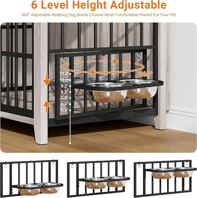 Lulive 78" Dog Crate Furniture for 1 Large or 2 Small/Medium, Extra Large Dog Kennel Indoor with Removable Divider & Adjustable Height Dog Bowls, Heavy Duty Wooden Double Dog Cage as TV Stand, Grey