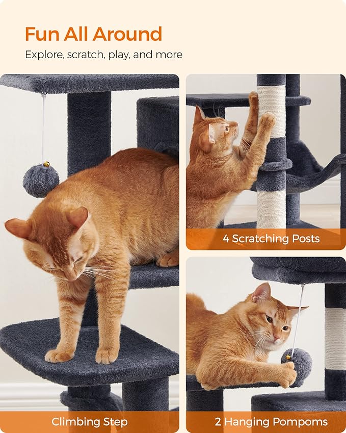 Feandrea Cat Tree, 44.1-Inch Cat Tower for Indoor Cats, Multi-Level Cat Condo with 4 Scratching Posts, 2 Perches, Hammock, Cave, Smoky Gray UPCT261G01